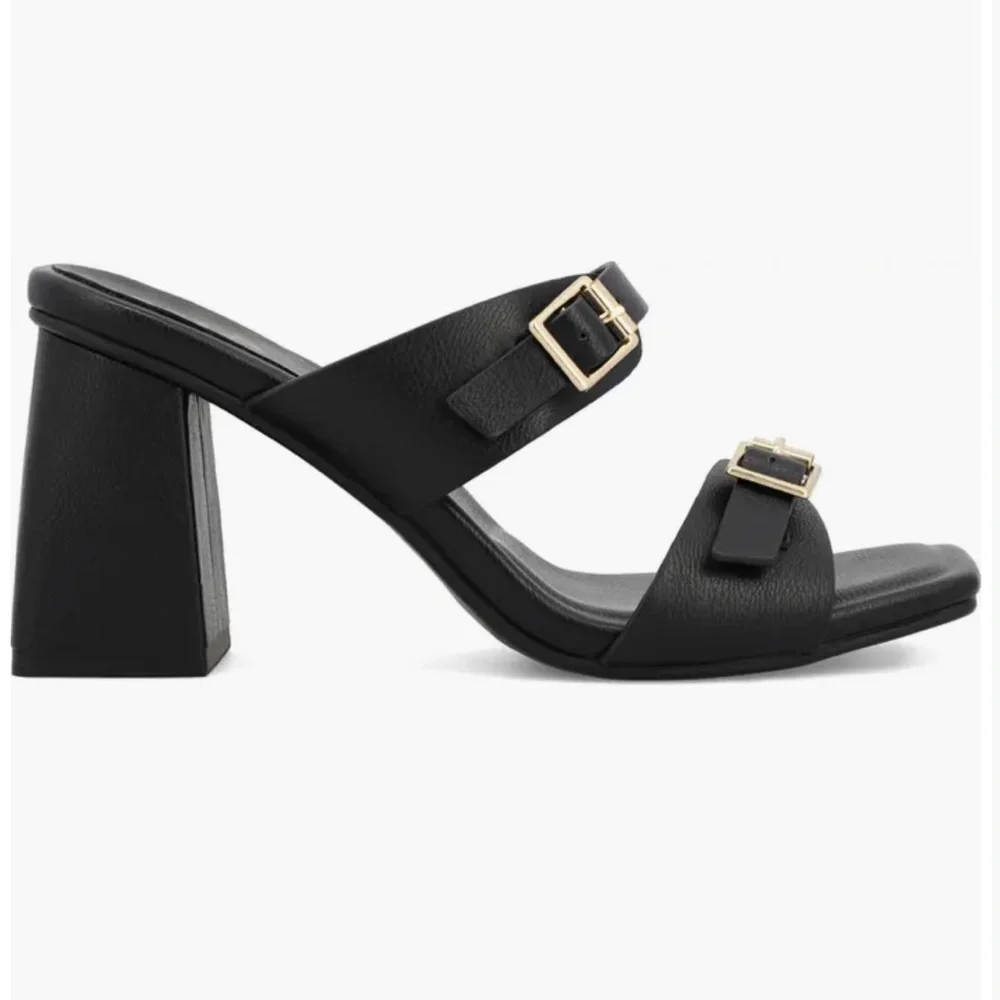 MIA Black Wedge Sandal with Gold Buckles